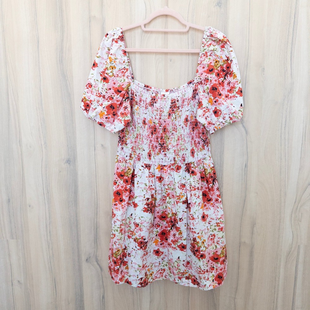 Womens Floral Cottagecore Dress M White Multicolor Puff Sleeve Romantic Coquette